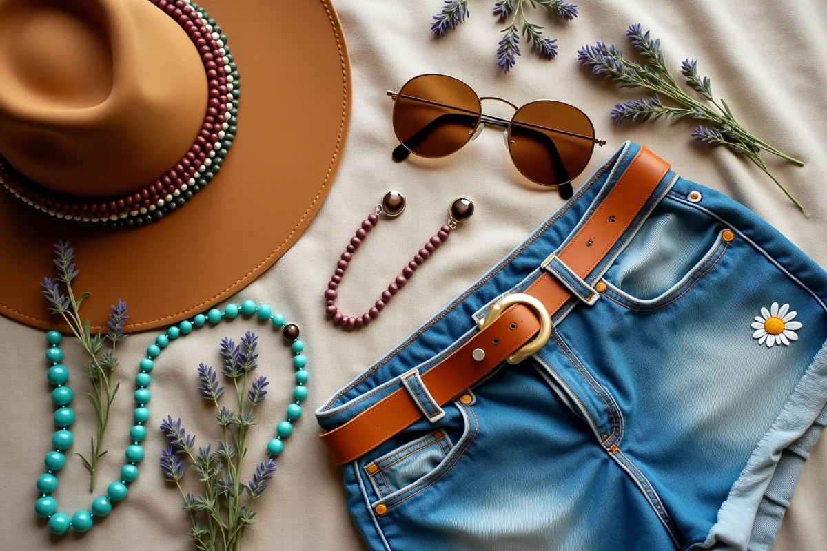Plat posé d'accessoires de mode hippie des années 70 incluant chapeau à larges bords, colliers en perles, ceinture en cuir et lunettes rondes dorées