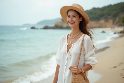 Femme portant un chemisier de plage en lin blanc accessoirisé d'un chapeau de paille, collier de coquillages et sac en rotin sur une plage de sable