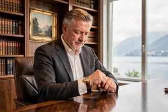 Homme d'affaires suisse examinant une montre de luxe tourbillon dans un bureau privé à Genève