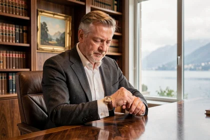 Homme d'affaires suisse examinant une montre de luxe tourbillon dans un bureau privé à Genève