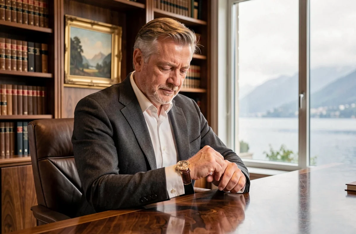 Homme d'affaires suisse examinant une montre de luxe tourbillon dans un bureau privé à Genève