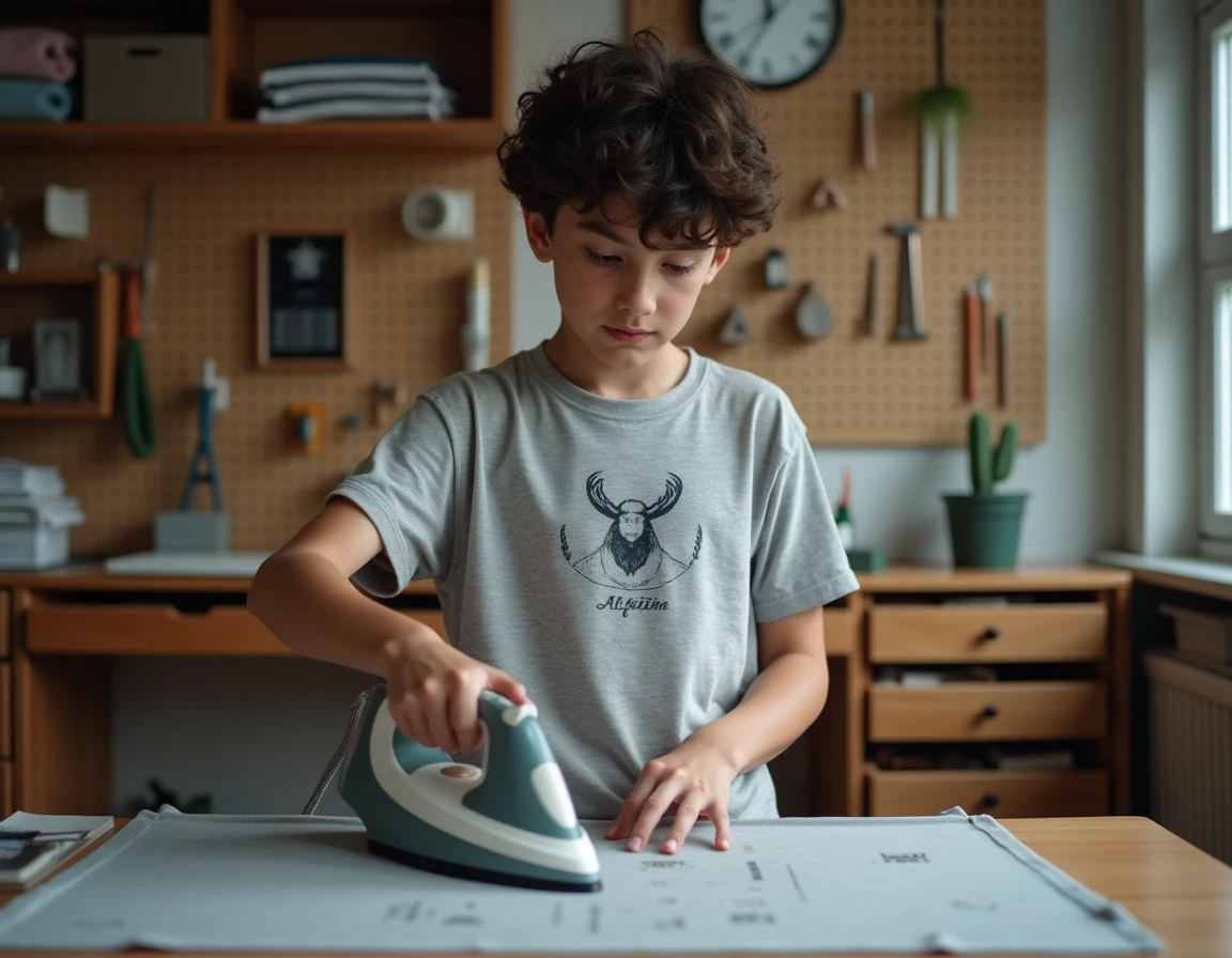 Adolescent appliquant un patch thermocollant sur son pyjama gris avec un fer à repasser dans sa chambre