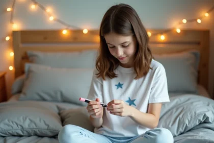 Adolescente personnalisant son pyjama blanc avec un marqueur textile, assise sur son lit dans une chambre cosy