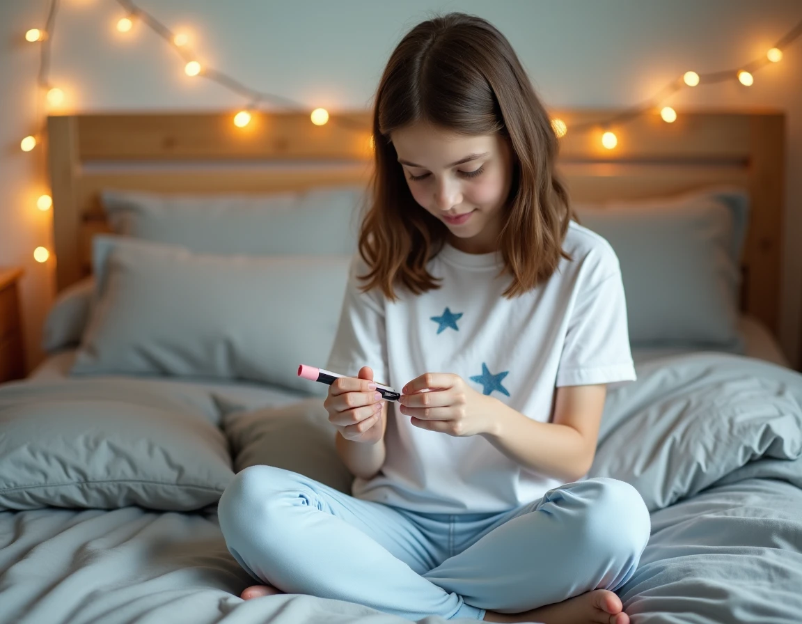 Adolescente personnalisant son pyjama blanc avec un marqueur textile, assise sur son lit dans une chambre cosy