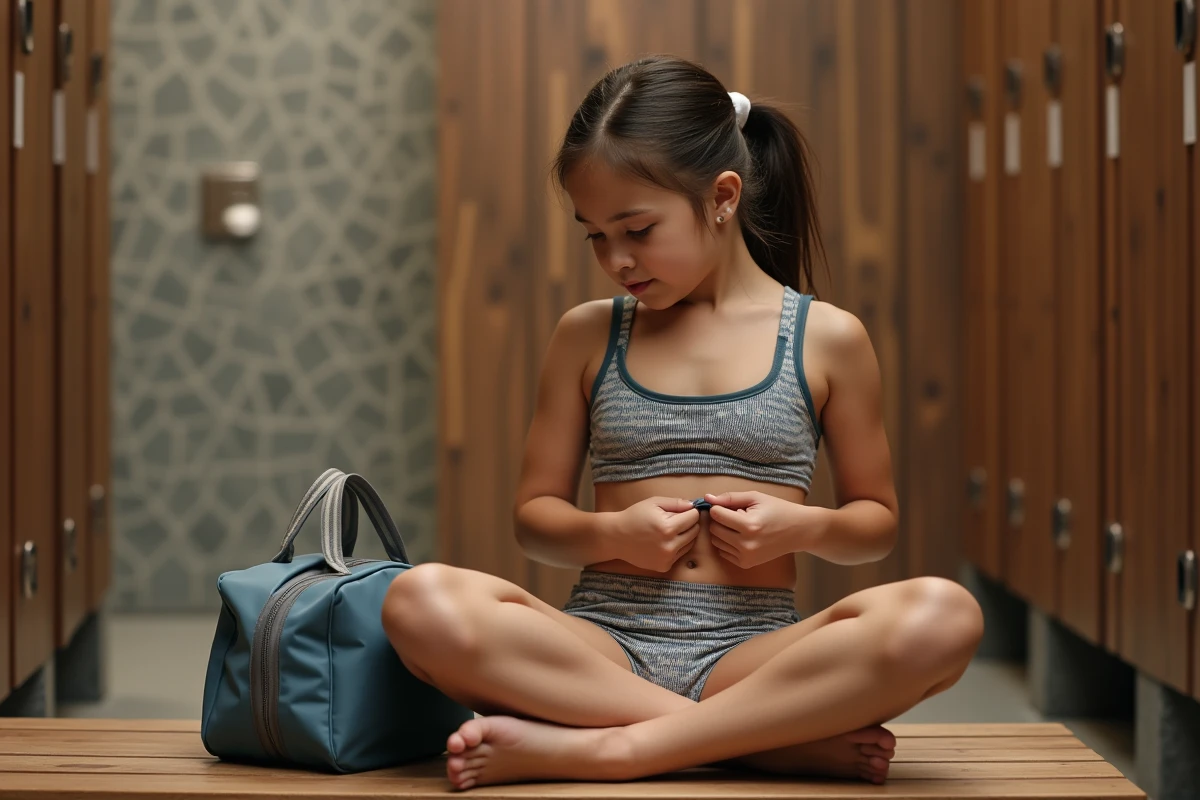 Adolescente assise dans une cabine de vestiaire intérieure
