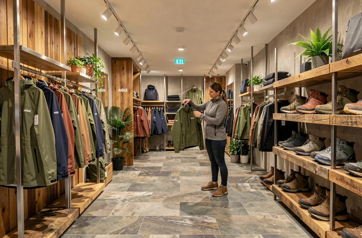 Magasin Aigle à Tours avec des vêtements outdoor et randonnée exposés dans un cadre chaleureux en bois