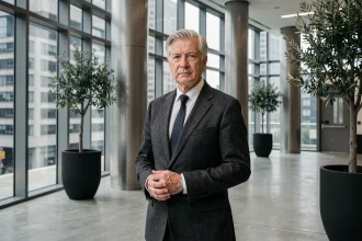 Portrait d'un homme d'affaires senior en costume sur mesure dans le hall vitré d'un immeuble de luxe moderne, évoquant l'investissement immobilier haut de gamme