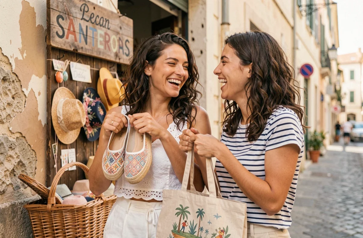 Deux amies riant en découvrant des espadrilles et accessoires d'été devant une boutique indépendante dans une rue commerçante de Marseille