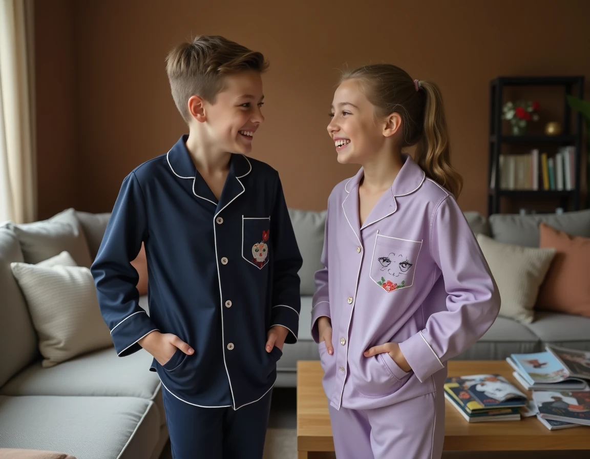 Deux adolescents comparant leurs pyjamas personnalisés avec patches et peinture textile dans un salon décontracté