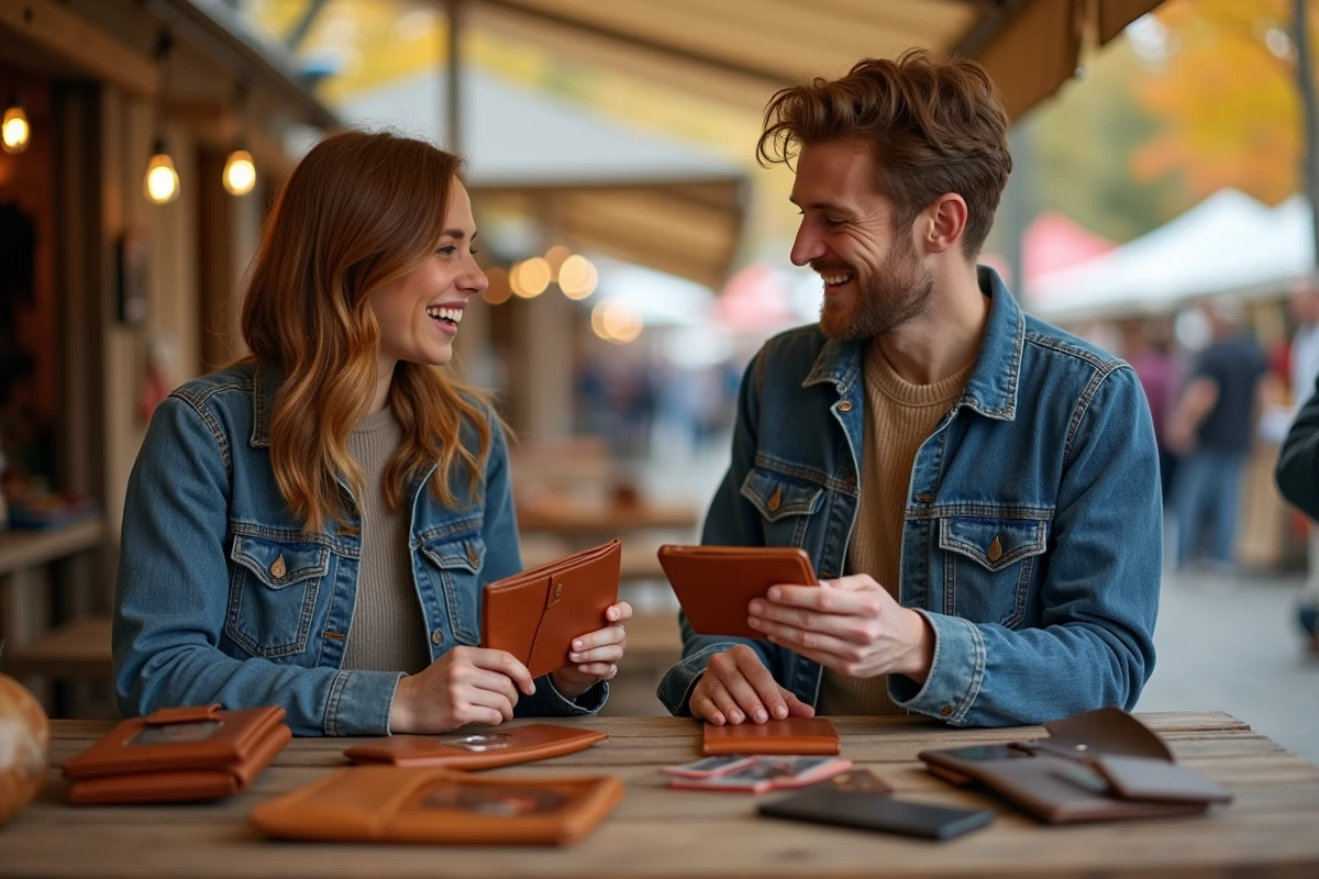 Deux amis comparant leurs portefeuilles personnalisés en cuir sur un marché artisanal en plein air en automne