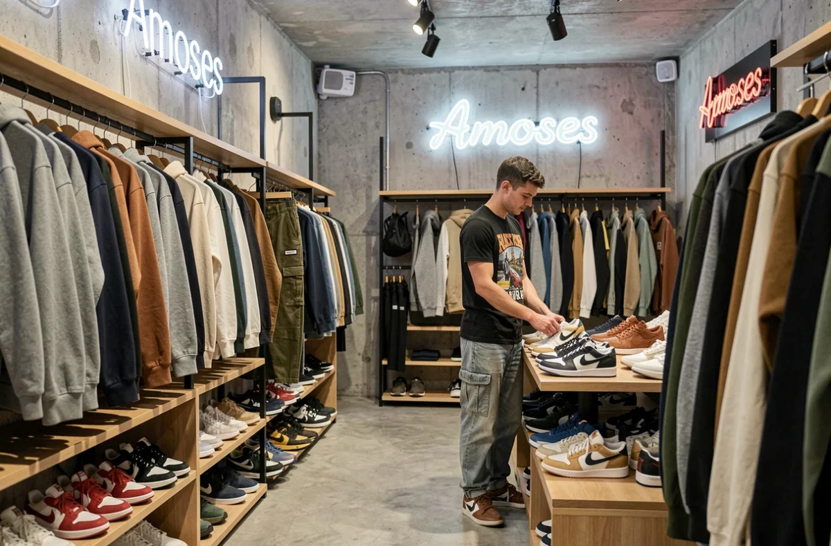 Intérieur de la boutique Amoses à Lille avec des vêtements streetwear premium et un vendeur arrangeant des sneakers