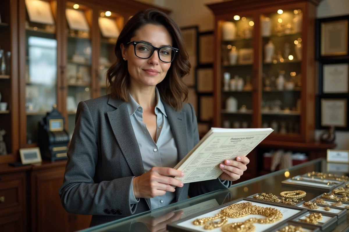 Antiquaire présentant des documents de certification de poinçons d'or dans une boutique de bijoux vintage