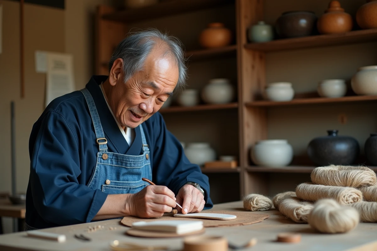 Artisan japonais âgé fabriquant à la main des sandales zori traditionnelles dans un atelier de Kyoto, entouré d'outils artisanaux et de matériaux naturels