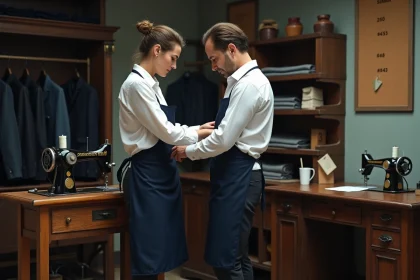 Tailleuse de quartier épinglant l'ourlet d'un pantalon bleu marine sur un client dans un atelier de couture traditionnel