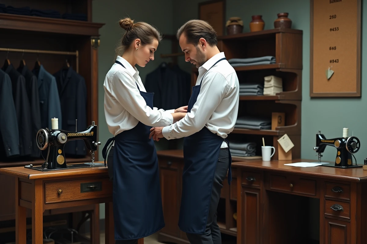 Tailleuse de quartier épinglant l'ourlet d'un pantalon bleu marine sur un client dans un atelier de couture traditionnel
