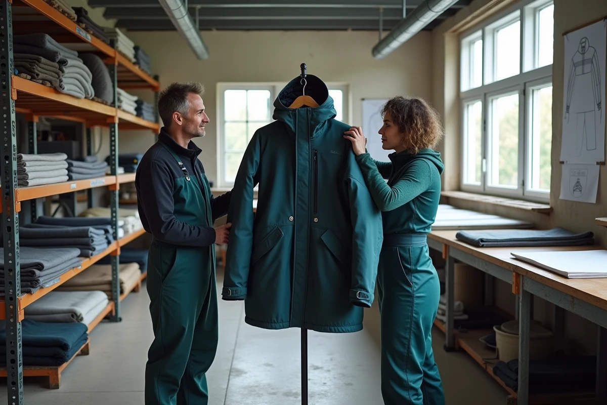 Atelier de fabrication artisanale de vêtements de ski haut de gamme éthiques avec travailleurs inspectant la qualité des matières durables