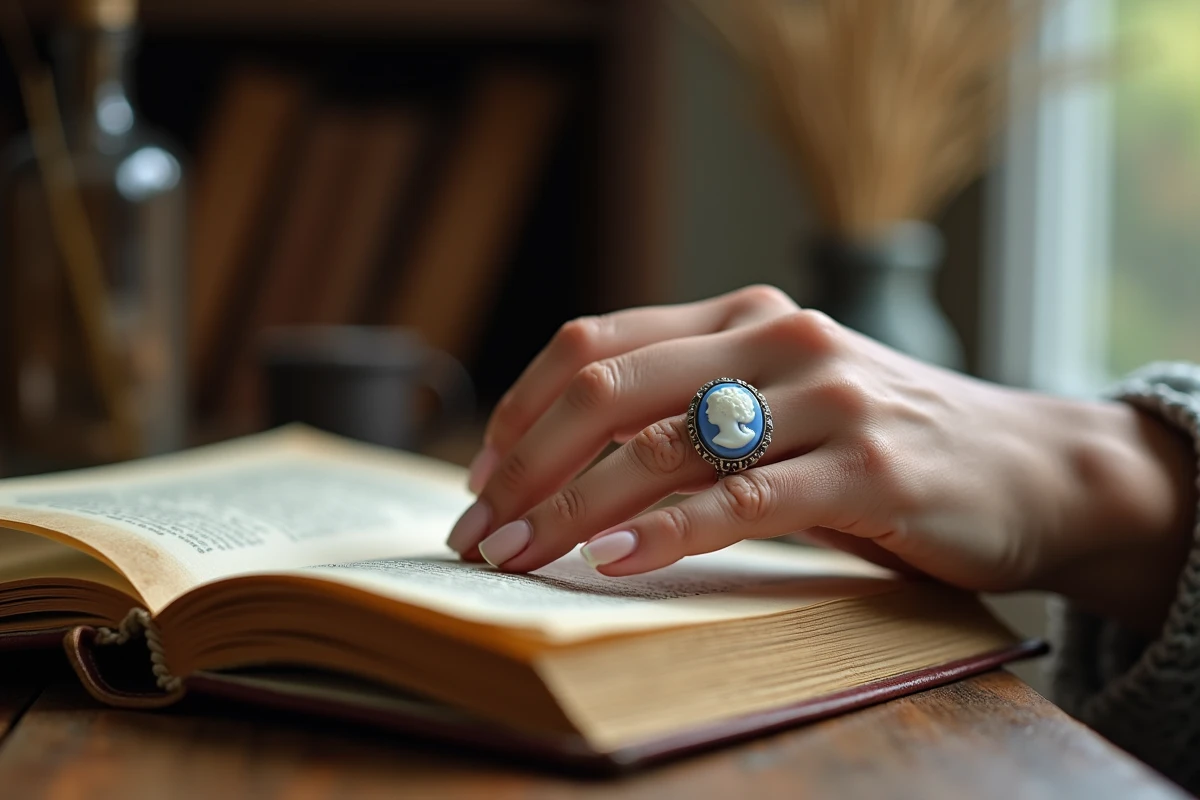 Main de femme portant une bague camée ange en argent sterling sur un livre ancien dans un bureau rustique