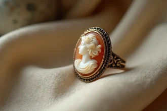 Bague camée ancienne en or avec profil de déesse sculptée sur fond de velours crème vintage