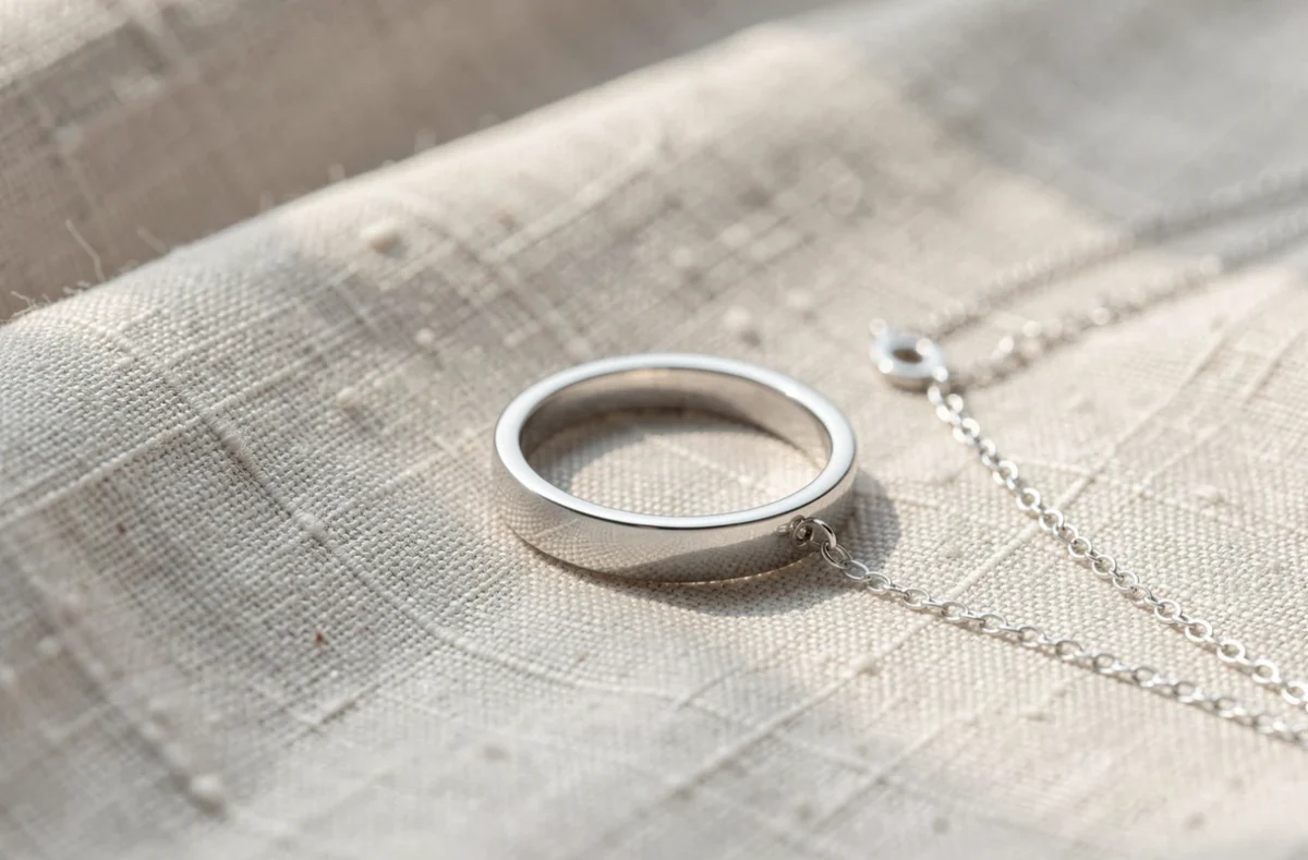 Bague et chaîne en or blanc posées sur un tissu clair
