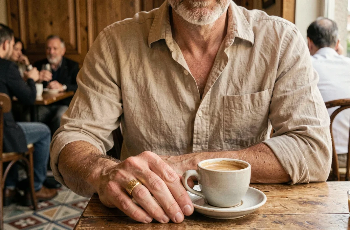 Homme mature avec barbe poivre et sel portant une bague dorée au petit doigt dans un café parisien avec une tasse d'espresso en céramique sur une table en bois rustique