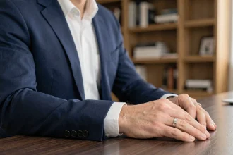 Homme élégant en costume bleu marine portant une bague fine en argent au petit doigt gauche, posé sur un bureau en chêne sombre dans un bureau moderne