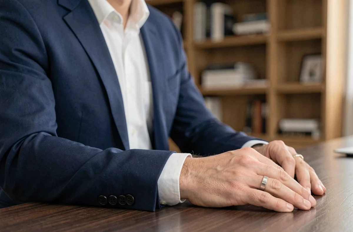 Homme élégant en costume bleu marine portant une bague fine en argent au petit doigt gauche, posé sur un bureau en chêne sombre dans un bureau moderne