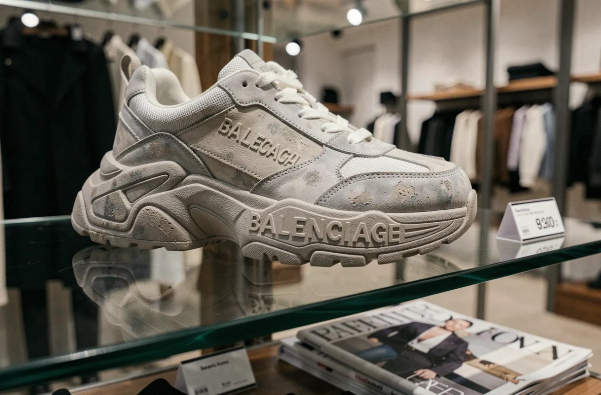Gros plan sur une sneaker Balenciaga au design volontairement laid exposée sur une étagère en verre dans un concept store de luxe avec étiquette de prix visible