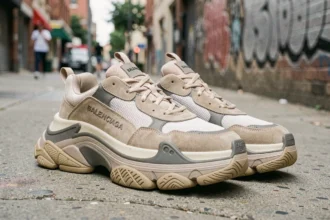 Paire de sneakers Balenciaga Triple S oversize posée sur un trottoir urbain en béton, vue en contre-plongée mettant en valeur la semelle massive et le design volontairement excessif