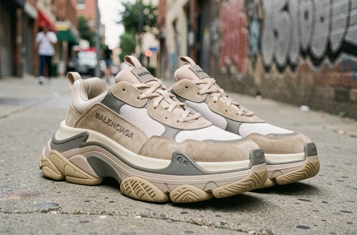 Paire de sneakers Balenciaga Triple S oversize posée sur un trottoir urbain en béton, vue en contre-plongée mettant en valeur la semelle massive et le design volontairement excessif
