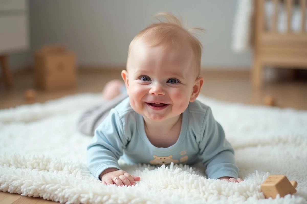 Bébé souriant portant un body personnalisé avec illustration et prénom imprimés allongé sur un plaid blanc moelleux