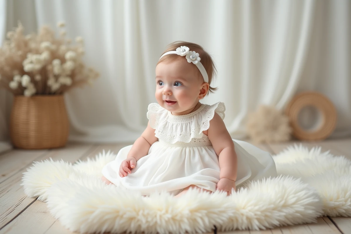 Bébé fille en robe de baptême broderie anglaise assise sur un plaid ivoire dans un cadre minimaliste épuré style shooting photo professionnel