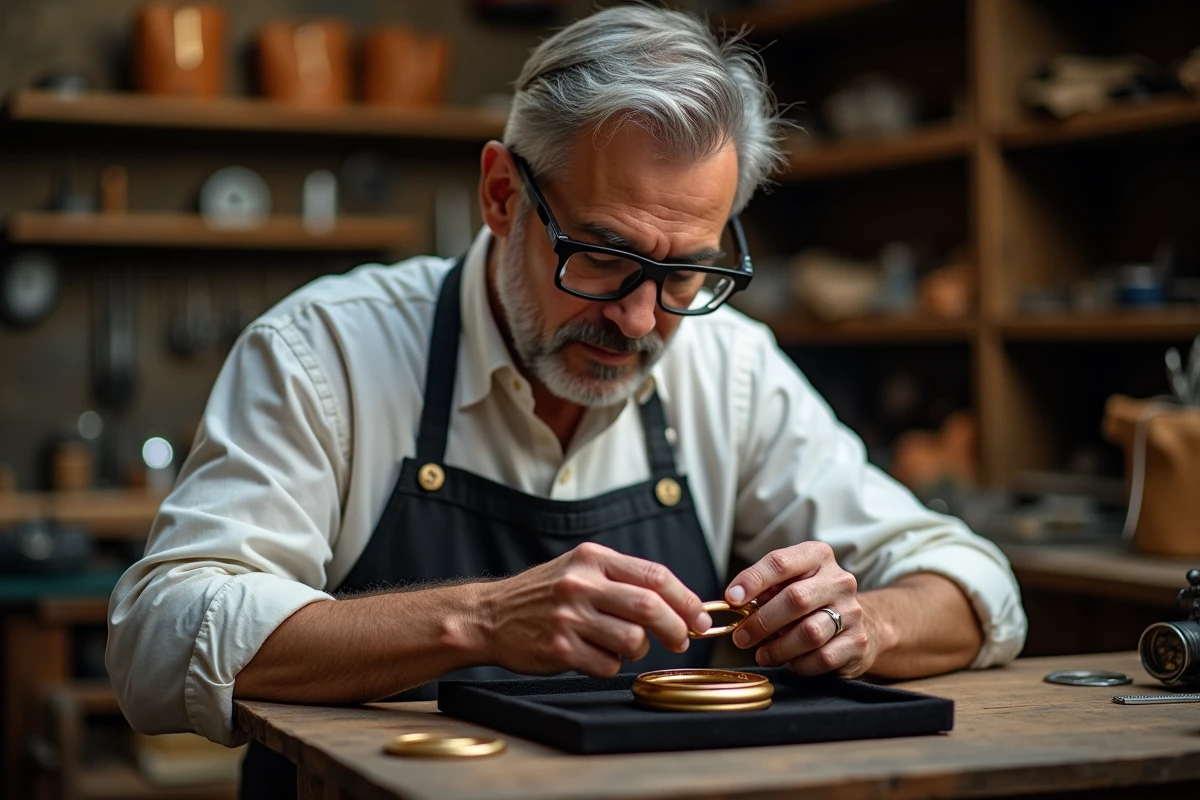 Bijoutier professionnel inspectant un bracelet jonc en or avec une loupe dans son atelier