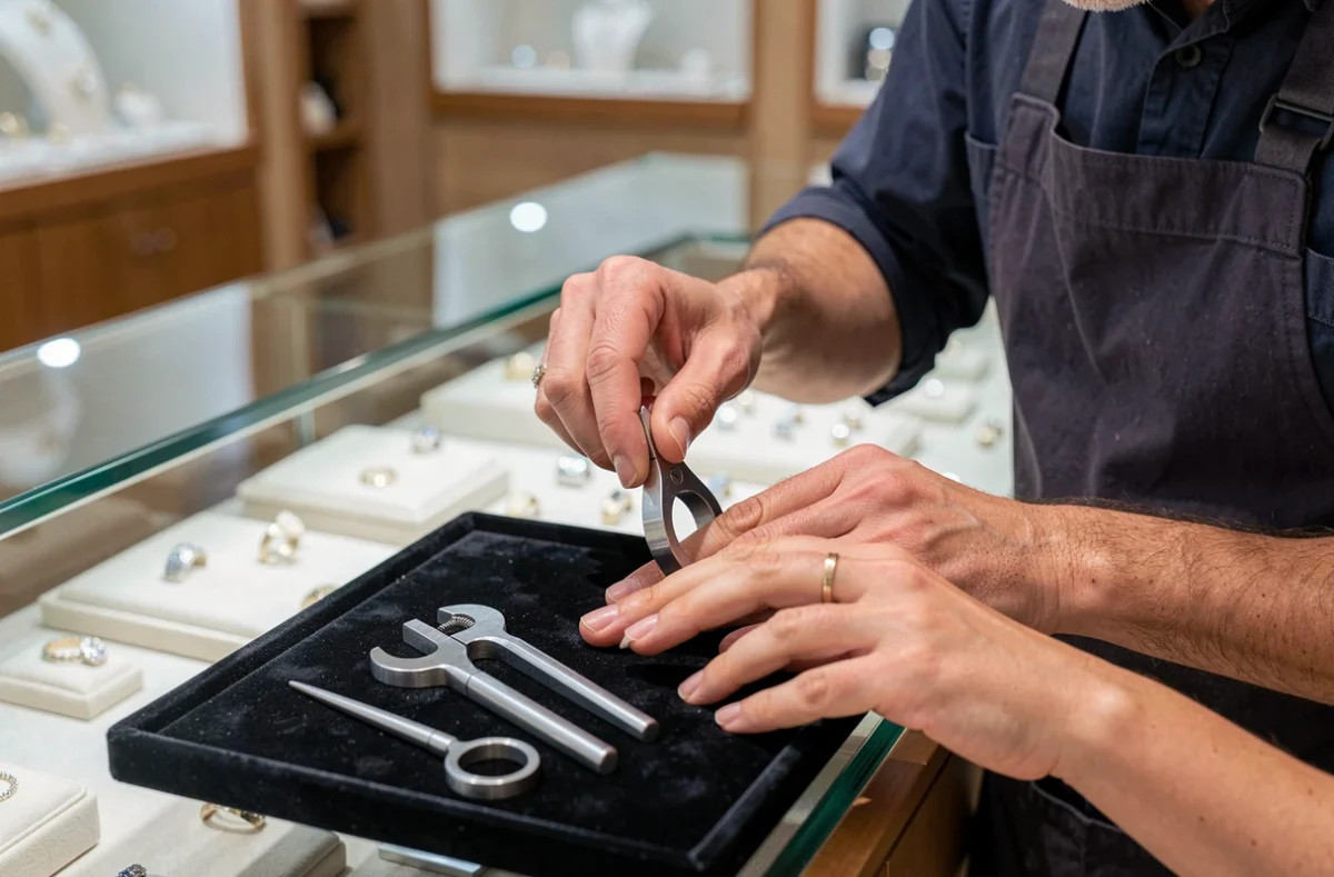 Bijoutier mesurant la taille de doigt d'une cliente avec des mandrin de mesure professionnels
