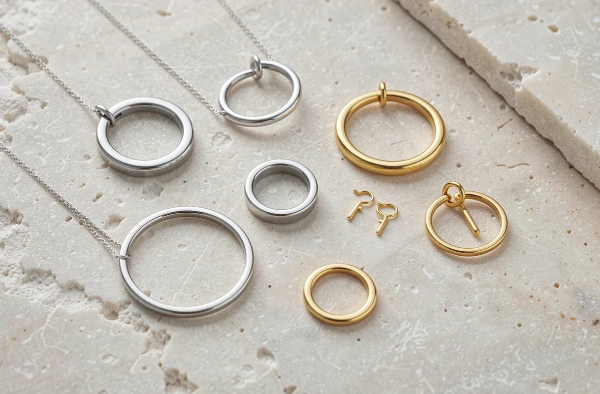 Bijoux en platine, titane et or jaune disposés sur une surface claire
