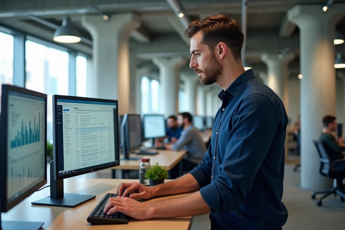 Homme blogueur travaillant sur des tableaux de bord analytiques dans un espace de co-working moderne