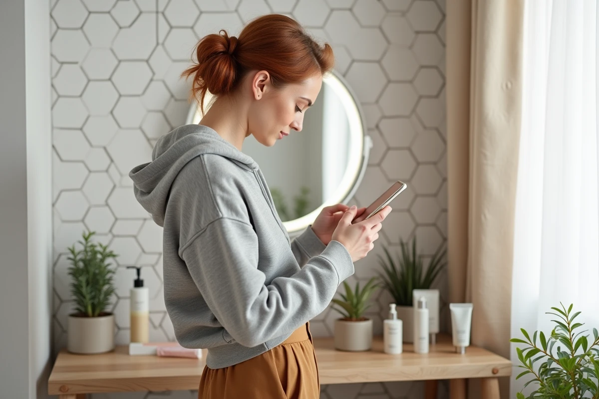 Femme blogueuse beauté organisant ses produits de soin et maquillage sur une étagère dans un coin vanité minimaliste