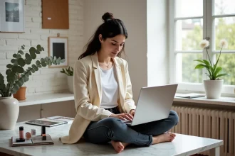 Blogueuse mode et beauté travaillant sur son ordinateur portable dans un studio créatif avec produits cosmétiques et magazines de mode