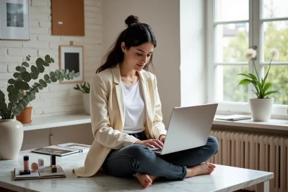 Blogueuse mode et beauté travaillant sur son ordinateur portable dans un studio créatif avec produits cosmétiques et magazines de mode
