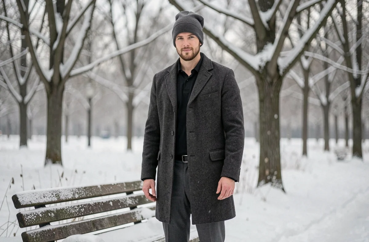 Homme avec un bonnet mal porté perché au sommet de la tête contrastant avec un manteau élégant dans un parc enneigé