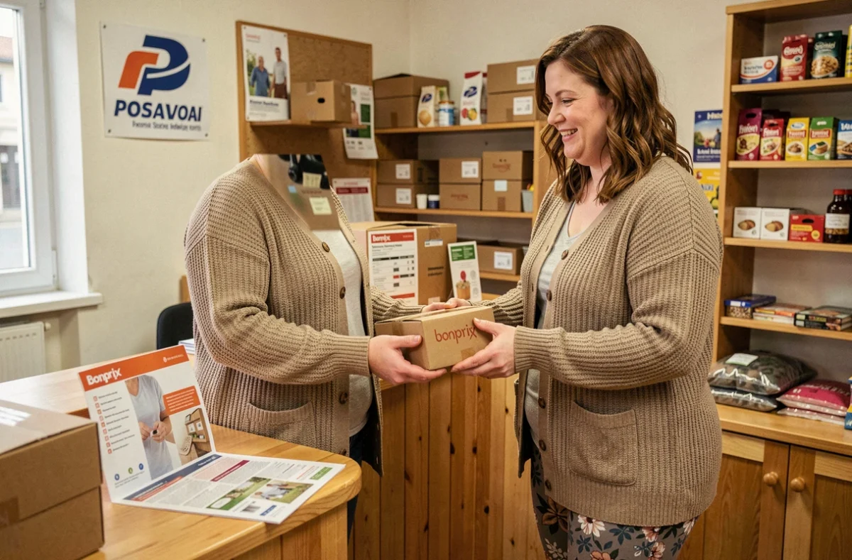 Une femme grande taille récupérant une commande Bonprix dans un point relais en France