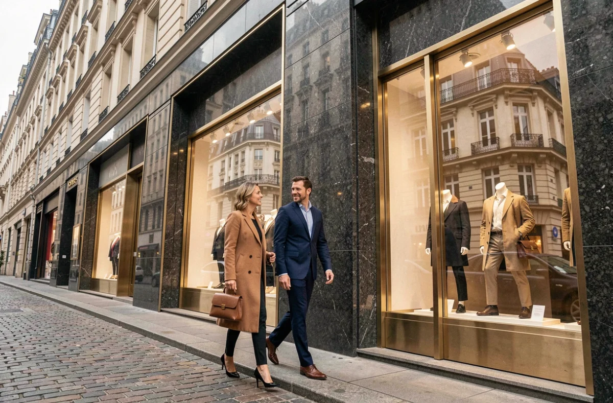 Façade d'une boutique de luxe sur un boulevard européen prestigieux avec des passants élégants, illustrant l'immobilier commercial haut de gamme de la mode