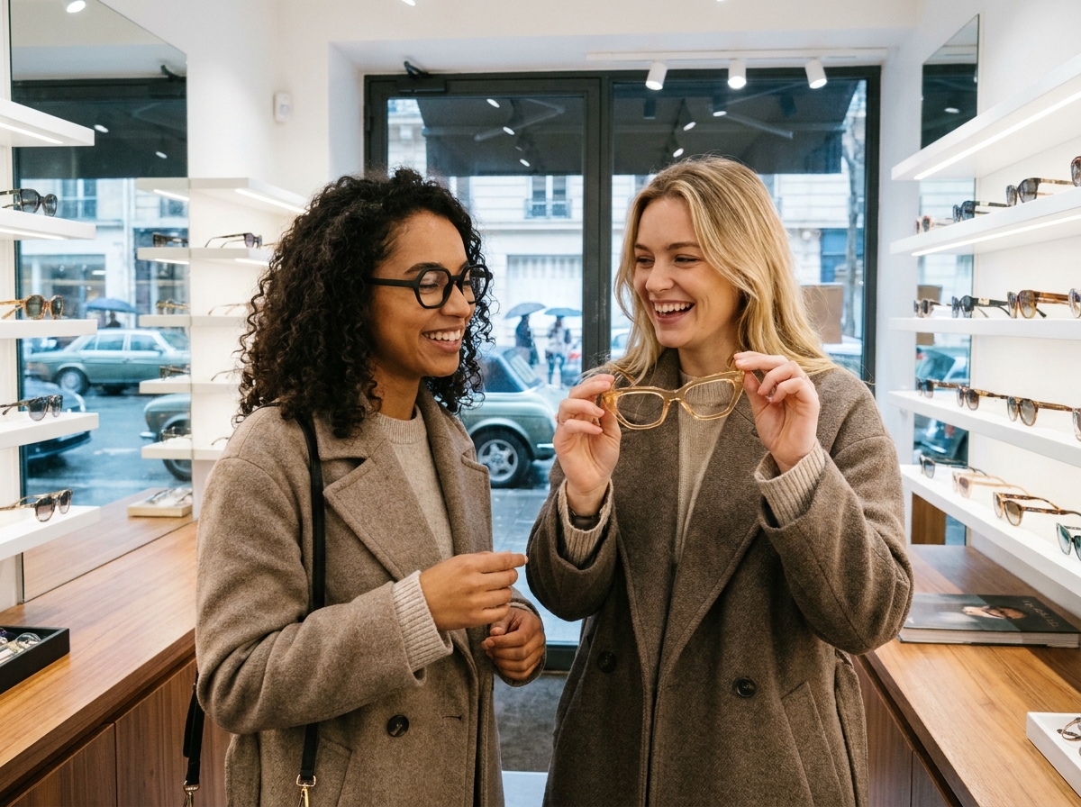 Deux femmes comparant des montures de lunettes tendance dans une boutique optique éphémère lors de la Fashion Week hiver 2026-2027