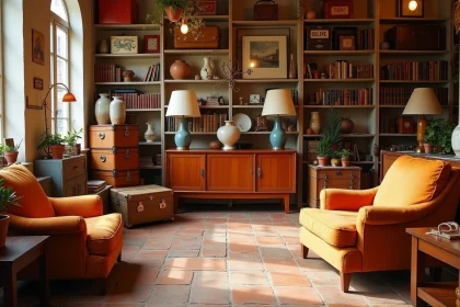 Intérieur d'une boutique vintage à Toulouse avec mobilier mid-century, vases en céramique et objets rétro sur des étagères en bois