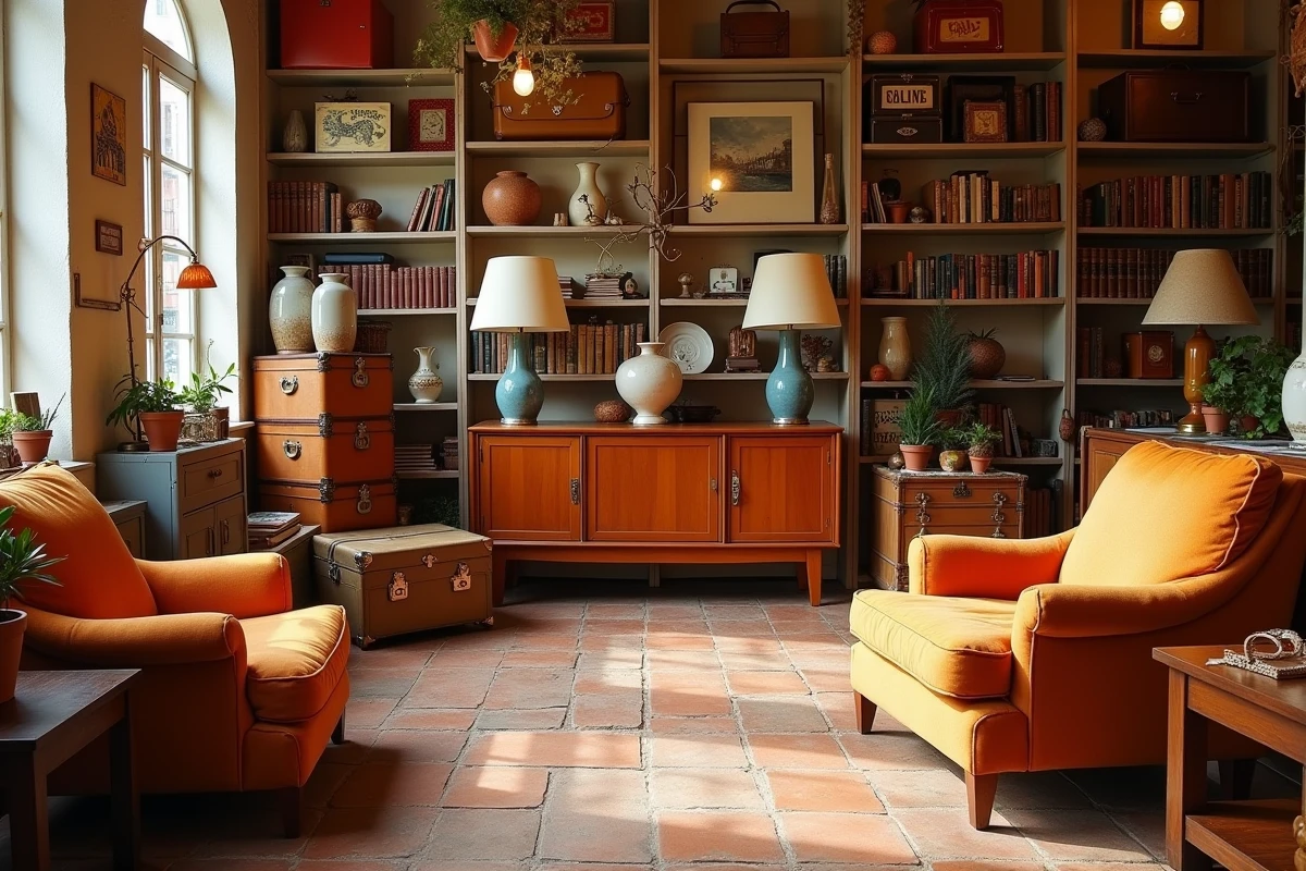 Intérieur d'une boutique vintage à Toulouse avec mobilier mid-century, vases en céramique et objets rétro sur des étagères en bois