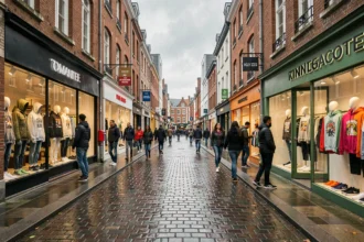 Rue commerçante animée des Hauts-de-France avec des boutiques de streetwear et des jeunes shoppers