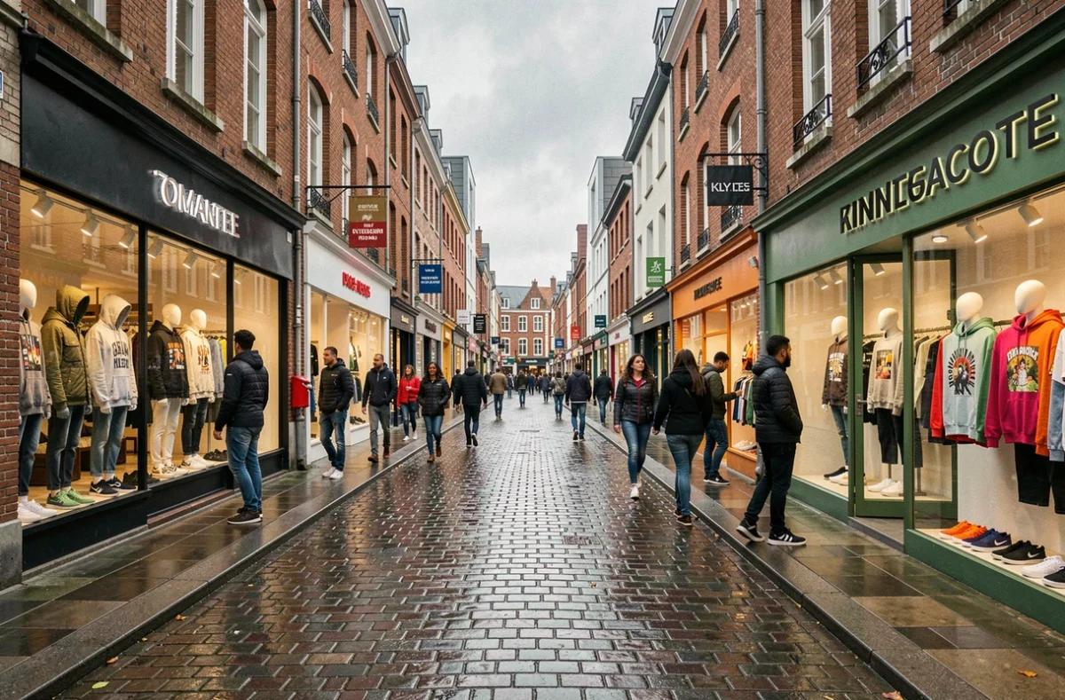 Rue commerçante animée des Hauts-de-France avec des boutiques de streetwear et des jeunes shoppers