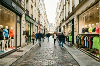 Rue commerçante en Centre-Val de Loire avec plusieurs boutiques de vêtements de sport, passants et vitrines colorées