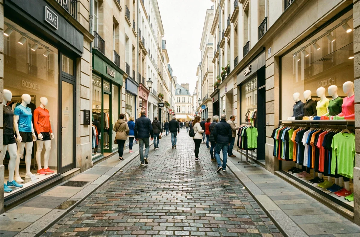 Rue commerçante en Centre-Val de Loire avec plusieurs boutiques de vêtements de sport, passants et vitrines colorées