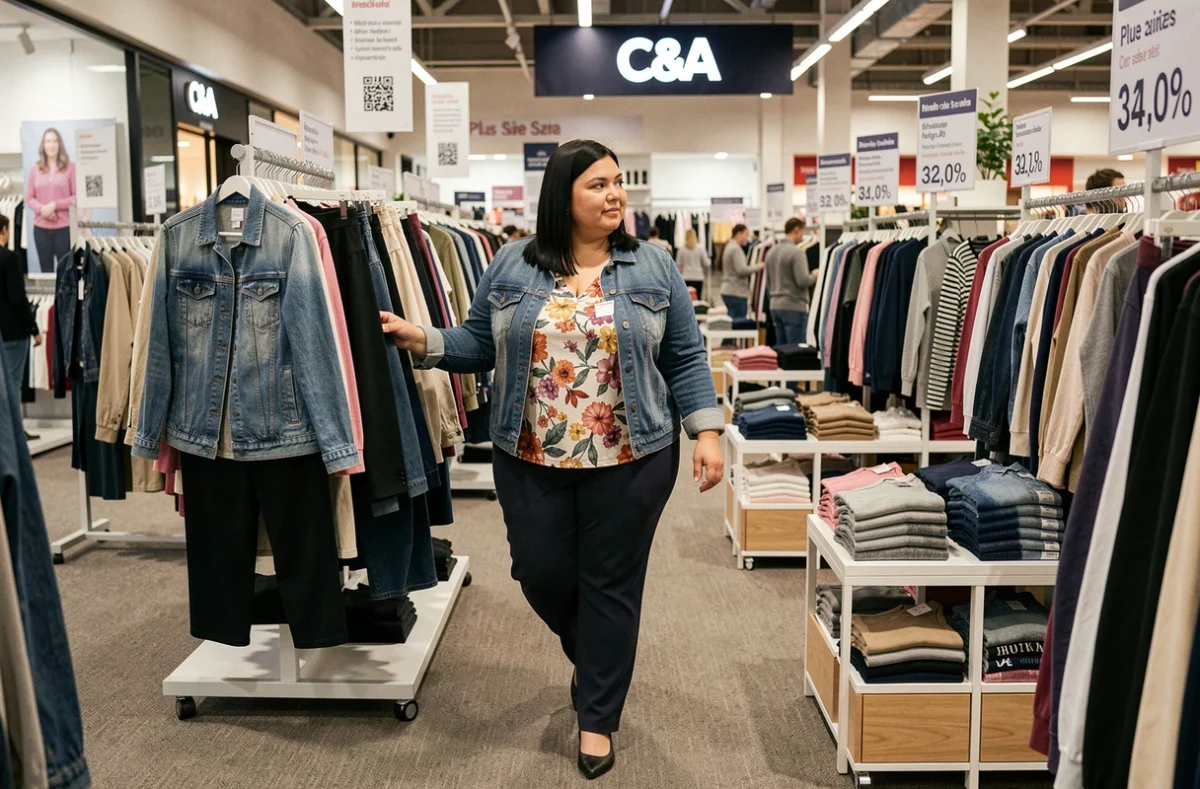 Une femme grande taille dans le rayon grande taille d'un magasin C&A dans un centre commercial régional des Hauts-de-France