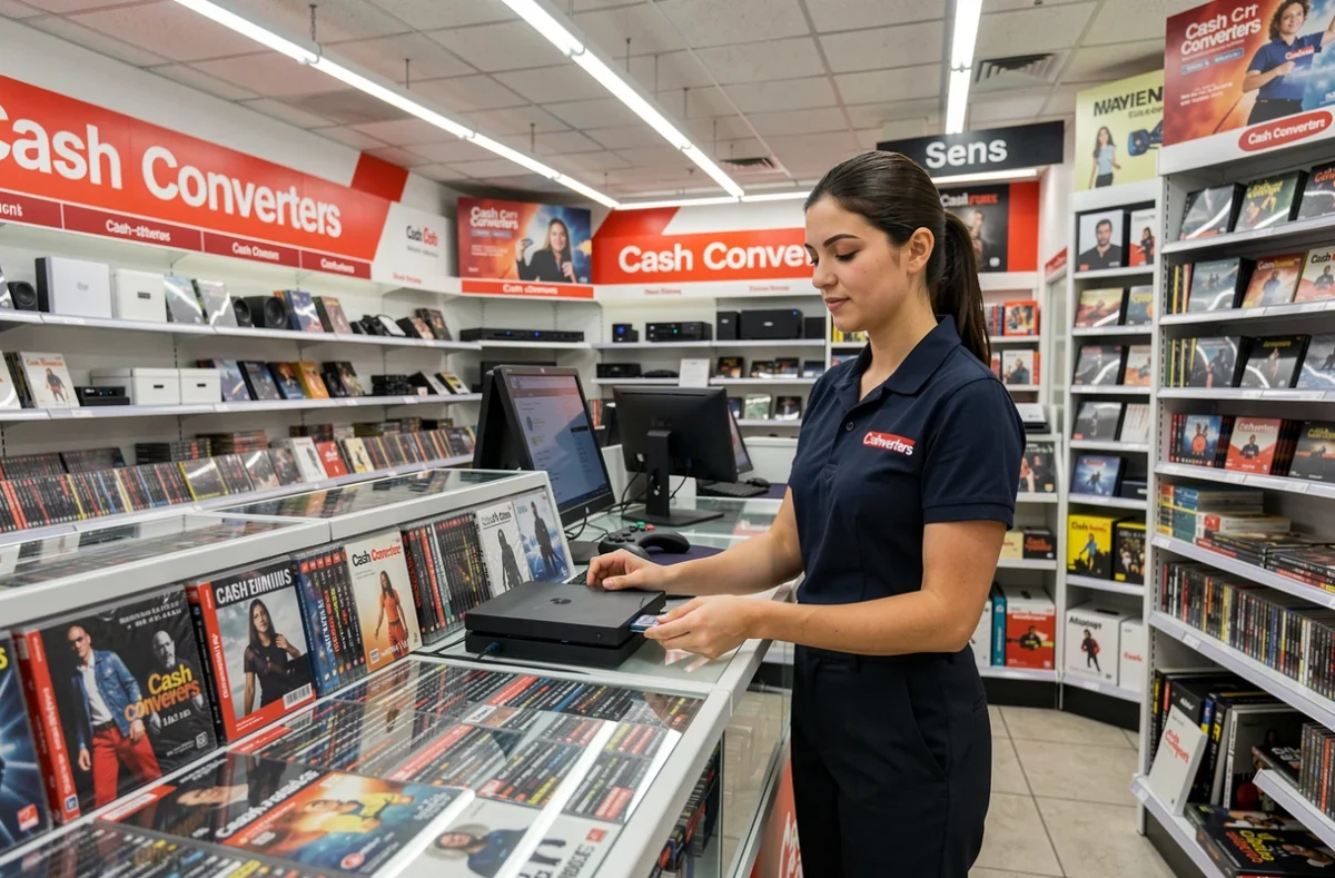 Employée de Cash Converters Sens gérant un dépôt multimédia au comptoir avec DVD et consoles de jeux d'occasion en rayon